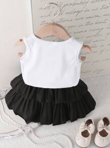 2pcs Baby Girl Summer New Design White Comfortable Vest With 3D Bow + Black Double-Layer Pleated Skirt Princess Skirt Outfit Set