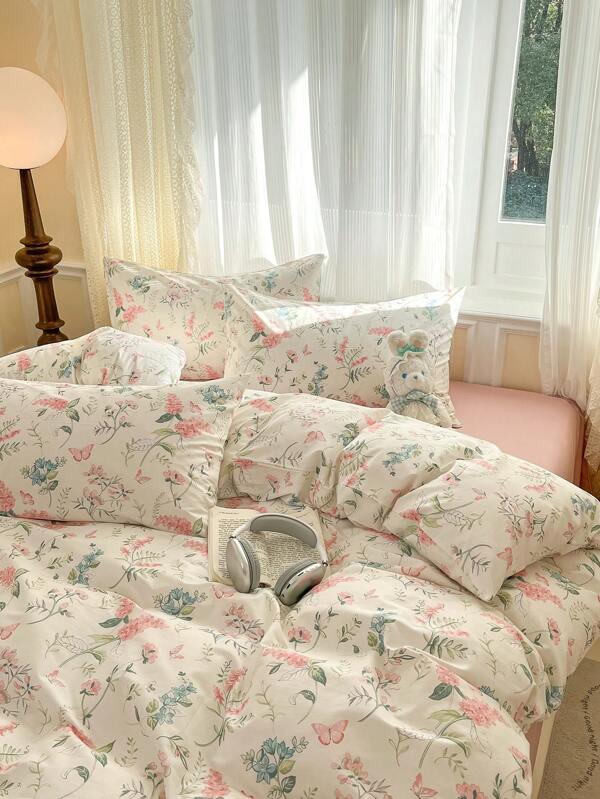 Juego de ropa de cama de 3 piezas con estampado floral diminuto - 2 fundas de almohada + 1 funda nórdica