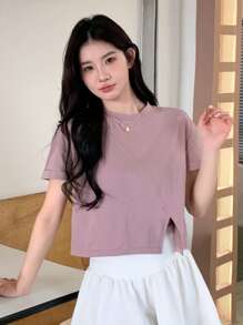 DAZY Kaos Wanita Lengan Pendek Warna Polos dengan Belahan di Bagian Bawah, Atasan Musim Panas yang Lucu - Purple - View 8