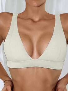 Swim Basics 2pcs/Set Spring/Summer 2025 Textured Vertical Striped Bikini Top, Suitable For Beach, Vacation And Daily Wear - Beige - View 6