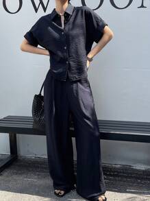 DAZY Women 2pcs/Set Single-Breasted Short Sleeve Blouse And Tie-Waist Wide Leg Pants