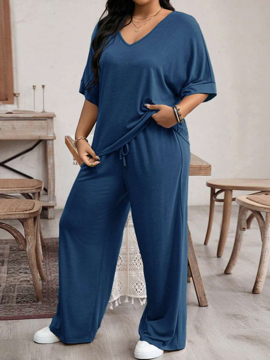 SHEIN LUNE Plus Size Women's Plain Simple Daily Short Sleeve Top And Pants Set - Navy Blue - View 1