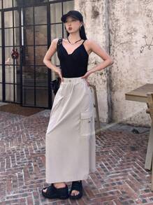 DAZY Women's Solid Color Drawstring Waist Utility Pocket Maxi Casual Skirt Fall Skirts - Grey - View 2