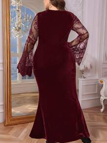 SHEIN Privé 大码天鹅绒拼色蕾丝荷叶边袖美人鱼下摆长裙