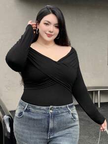 Dazy Plus 加大码纯色露肩修身吊带背心，春夏秋季长袖女上衣，秋季女装 - 黑色 - 查看 6