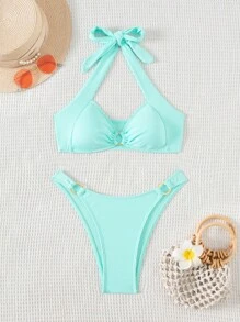 SHEIN Swim 夏季海滩女士纯色吊带胸罩和泳裤比基尼套装泳衣棕色比基尼两件套比基尼 - 薄荷藍 - 查看 4
