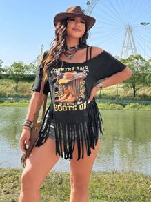 Flirla 大码女式节日、波西米亚风、嬉皮士、牛仔风露肩流苏印花宽松休闲音乐节度假 T 恤 - 黑色 - 查看 7