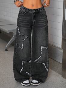 SHEIN ICON 低腰刺绣贴片洗水阔腿女式牛仔裤 - 深灰色 - 查看 6