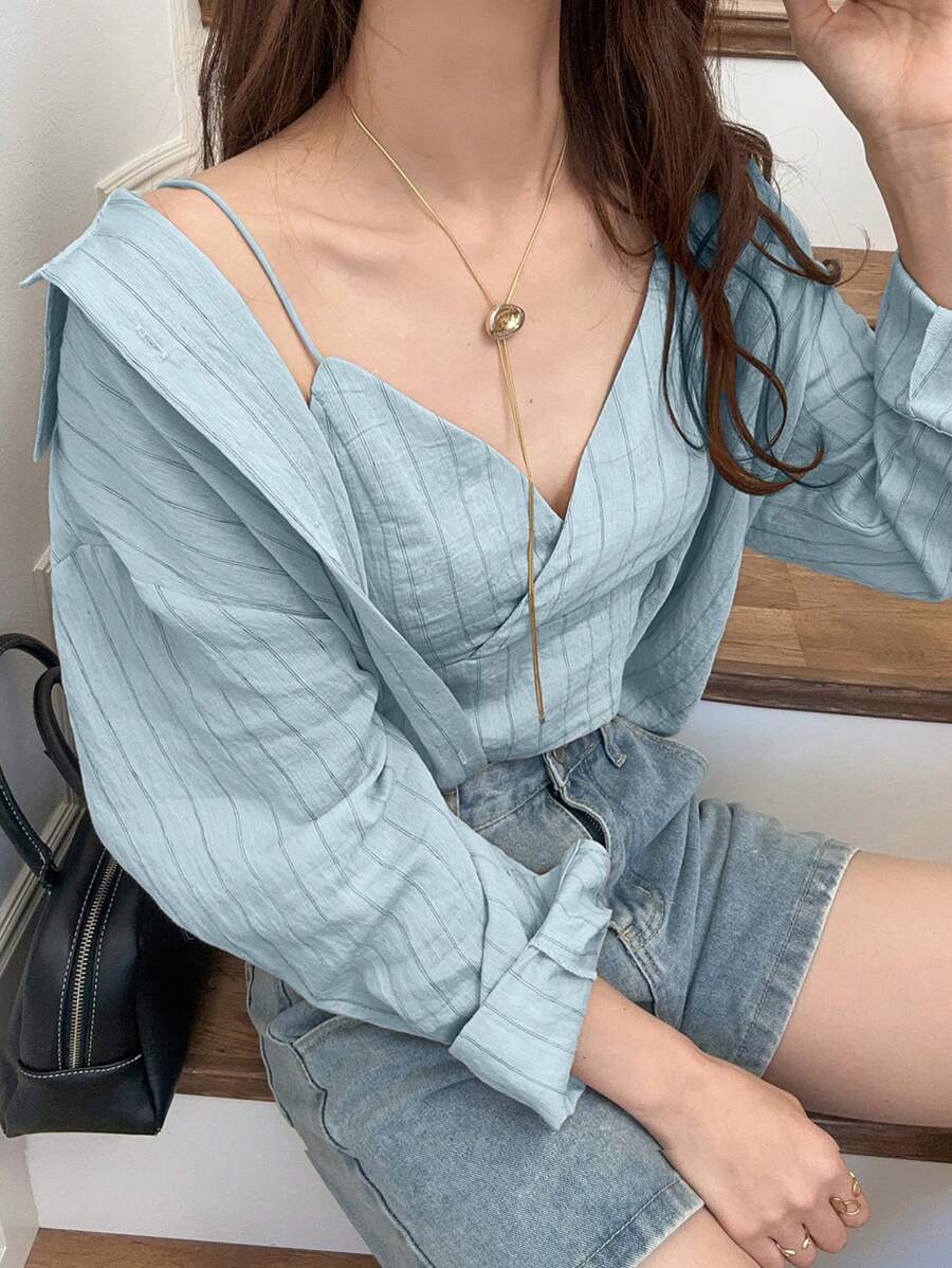 FRIFUL 2 件套女士条纹吊带背心和长袖纽扣衬衫套装亚麻 - 藍色 - 查看 1