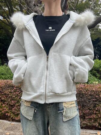 FRIFUL Moletom Casual Feminino com Forro Térmico e Recortes, Jaqueta com Zíper para Outono/Inverno