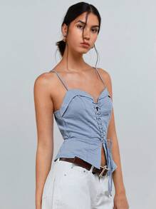 Athîral Women's Solid Color Eyelet Tie Up Corset Cami Top - Blue - View 2