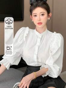 DAZY Women's Stand Collar Shirt With Frill Trim - White - View 1