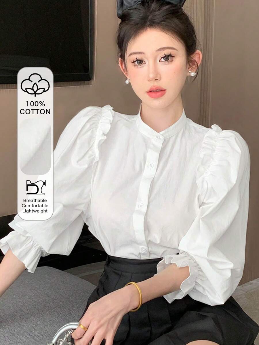 DAZY Women's Stand Collar Shirt With Frill Trim - White - View 1