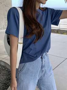 DAZY Áo thun trơn cổ tròn thường ngày mùa hè - Màu xanh lam - Xem 3