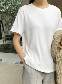 DAZY Solid Round Neck Tee Oversized T-Shirt - White - View 2