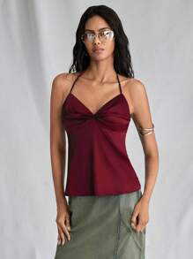 SHEIN Unity 1 chiếc áo hai dây mảnh màu trơn đơn giản hàng ngày dành cho nữ để mặc trong tiệc mừng năm mới - Màu Đỏ Sâu - Xem 4