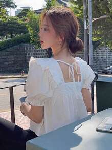 DAZY 纯色纽扣前方领泡泡袖衬衫，娃娃装上衣 - 白色 - 查看 2