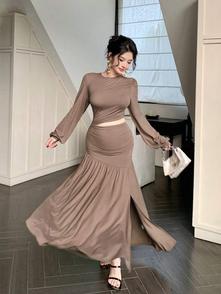 Mid-Long Wedding Party Solid Color Dress With Pleated Splice High Slit Design For Women,Fall Dress Long Sleeve Dress