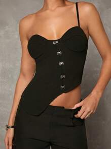 Glamine New Black One-Shoulder Asymmetrical Hem Tight-Fitting Women's Tank Top For Spring And Summer, With Slanted Placket Design, Sexy Hot Girl Style, Suitable For Daily Wear, Back To School Season And Nightclub Wear