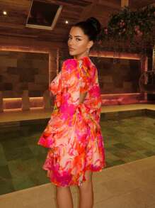 SHEIN SXY 女士花卉满印花镂空灯笼袖连衣裙 - 彩色 - 查看 2