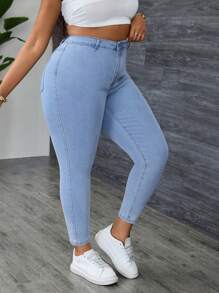 Slaydiva Plus Size Washed High Waist Slim-Fit Jeans - Baby Blue - View 3