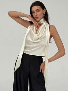 Aloruh 女士杏色优雅女神伴娘婚礼派对约会浪漫度假飘逸深V露背性感上衣，夏季 - 杏色 - 查看 5