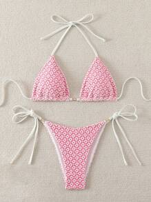Swim Mod Women's Floral Print Halter Tie Side Bikini Swimwear Set For Summer Beach Vacation - Pink - View 5