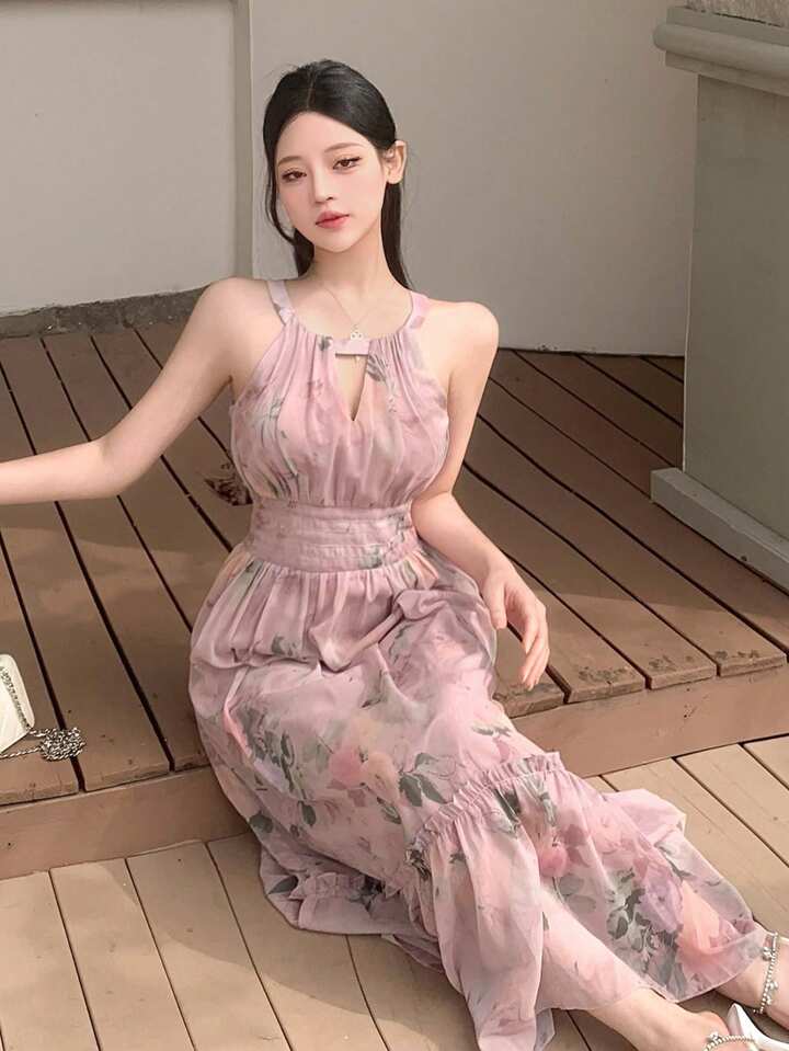 DAZY シフォン フローラルプリント ホルターネック ワンピース