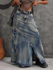 Jeanoix 女士时尚水洗复古工装超长牛仔半身裙 - 藍色 - 查看 6