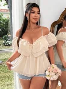 Flirla 大码浪漫网眼系带紧身衬衫 - 杏色 - 查看 4