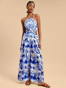 Travachic 女士编织蓝白花朵印花露肩露背吊带宽松连体裤，夏季女士服装 - 藍白色 - 查看 4