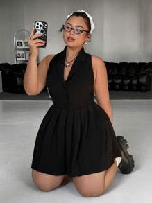 Dripcurv Plus Size Backless Halter Mini Dress,Black Summer Glam Dinner Elegant,Beach Brunch Spring Break,Concert Rave Festival Cowgirl Western Outfit - Black - View 1