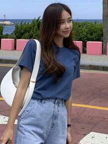 DAZY Áo thun trơn cổ tròn thường ngày mùa hè - Màu xanh lam - Xem 5