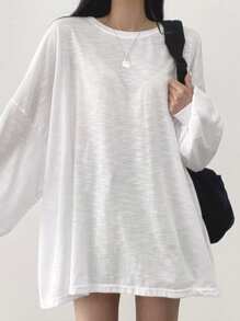 DAZY Solid Drop Shoulder Oversized Tee,Back To School Clothes Long Sleeve Women Tops - White - View 2