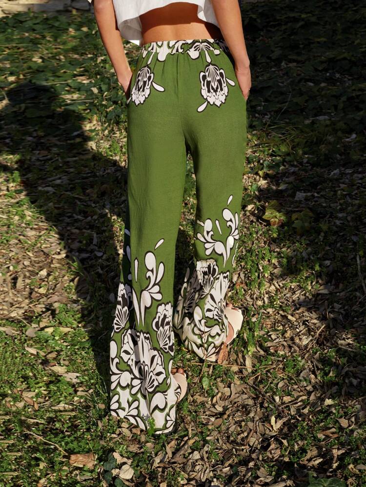 SHEIN Maija Women's Green Floral Print High Waist Drawstring Tie Loose Beach Vacation Bohemian Casual Pants, Summer Vacation Woman