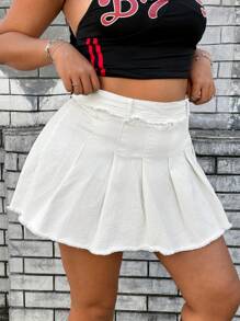 SHEIN ICON 复古水洗纯色牛仔迷你裙，简约时尚，适合夏天 - 白色 - 查看 4