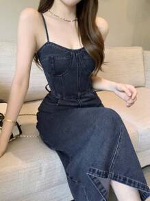 DAZY Women's Long Casual Denim Overall Dress With Pockets Sundress