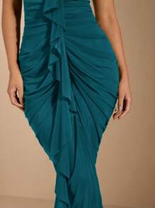 SHEIN BAE 春夏度假海滩紧身胸衣褶皱性感优雅荷叶边装饰女式连衣裙