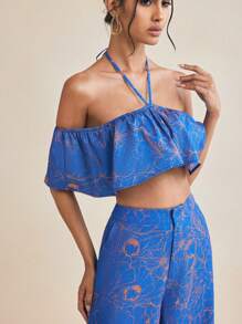 JIAN LASALA Women Blue Tops Boho Spaghetti Strap Sleeveless All Over Print,Plain,Plants,Colorblock Knot,Ruffle,Twist Summer Outfits For Women Summer Tops Vacation Outfits Going Out - Blue - View 8