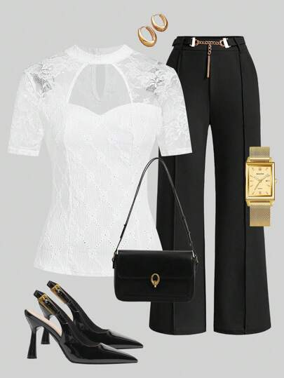 Ellevyn Women Floral Textured Lace Splicing Knitted T-Shirt,Easter Women,Boho,Concert Women,Saint Patrick, Rave Festival,St Patrick Day,Saint Patrick,Ibiza Fits,Summer For Women,Spring Break, Fashion Business Casual Woman Going Out Tops Women Summer For Women,Summer Beach For Woman,Country Concert,Casual Vacation,Country Women,Floral,Mesh