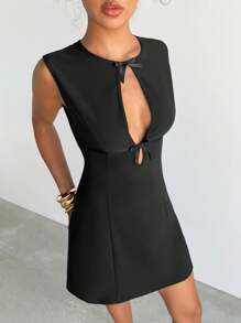 Aloruh 法式风格女式纯色镂空蝴蝶结装饰无袖性感迷你连衣裙