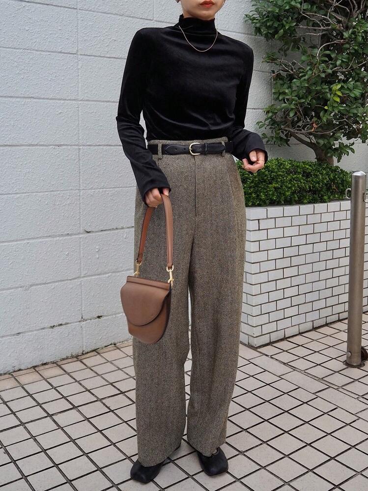 FRIFUL 女士天鹅绒纯色黑色长袖休闲T恤，秋季女装高领衫 - 黑色 - 查看 7