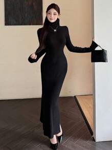 DAZY Women's Spring Fall Solid Color High Neck Long Sleeve Side Split Hem Long Fitted Elegant Dress - Black - View 8