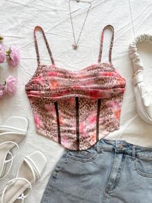 Soleia 狂野浪漫度假豹纹花卉印花褶饰吊带背心 - 卡其色 - 查看 3