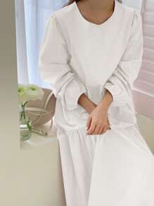 DAZY Women Loose Solid Simple Lantern Sleeve Dress,Ruffle,Fall Dress Long Sleeve Dress - White - View 5