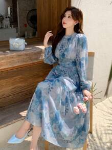 DAZY Vestido de manga larga ajustado a la cintura con estampado floral aleatorio y volantes para mujer