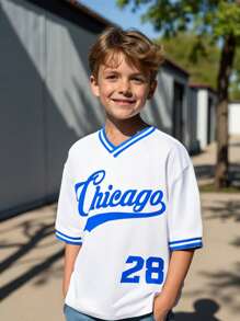 SHEIN 超奢華字母印花tween男童寬鬆v領t恤 - 白色 - 查看 1