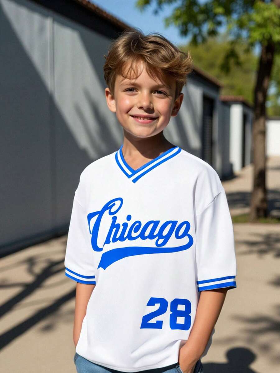 SHEIN 超奢華字母印花tween男童寬鬆v領t恤 - 白色 - 查看 1