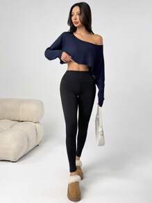 Flirla Petite Áo thun dài tay rộng rãi, giản dị, vai trễ, không đối xứng, vải jacquard có họa tiết, phong cách tối giản cơ bản, mặc hàng ngày - Màu xanh hải quân - Xem 4