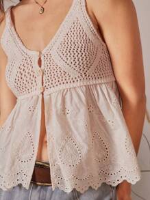 WESTFADE Mixed Media Pointelle Knit Sweater & Eyelet Ruffle Babydoll Sleeveless Cowgirl Spring Break Tank Top - Beige - View 4